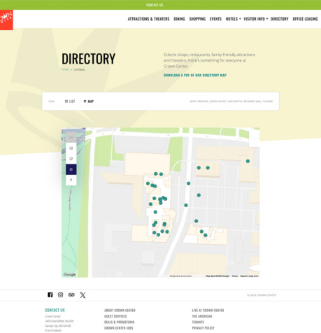 Crown Center website directory page showing an interactive map with venue locations across mall floors
