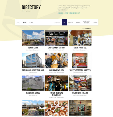 Crown Center website directory listing page showing shops and restaurants in a card grid layout