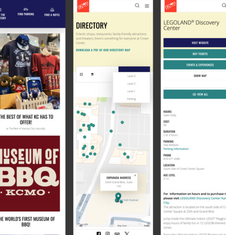 Crown Center website shown across three mobile device screenshots: shop listings, interactive directory map, and an attraction detail page