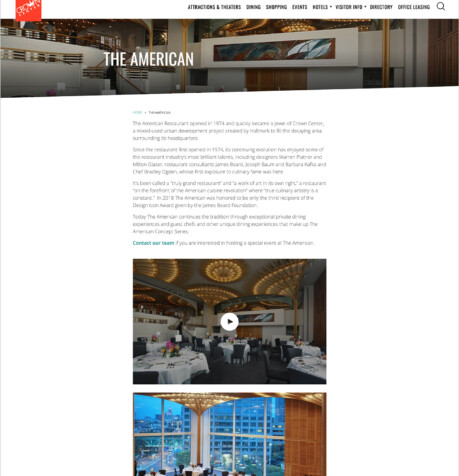 Crown Center website page for The American Restaurant showing the dining room interior and event booking information