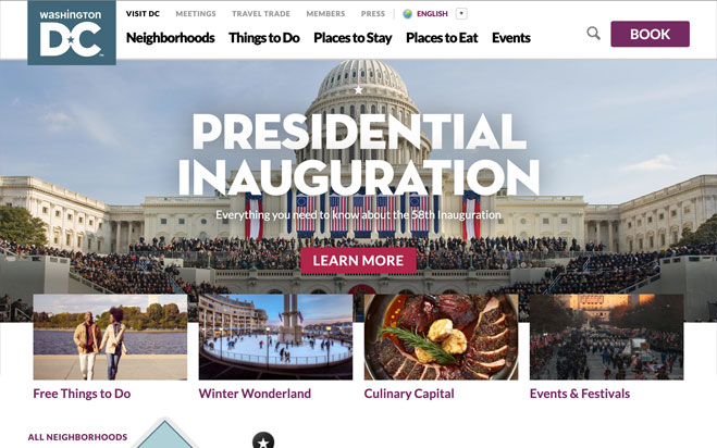Washington DC tourism website homepage on a desktop browser featuring a Presidential Inauguration hero section