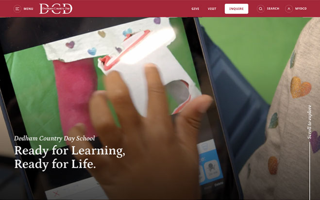 Dedham Country Day School website homepage on a desktop browser showing the Ready for Learning, Ready for Life headline