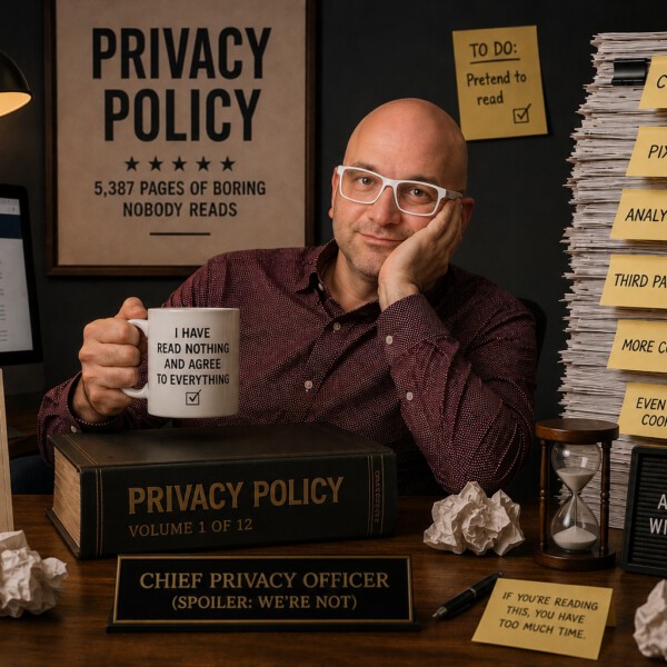 Humorous staged photo of a man at a cluttered desk surrounded by privacy policy documents, sticky notes labeled cookies and analytics, and a mug reading I have read nothing and agree to everything